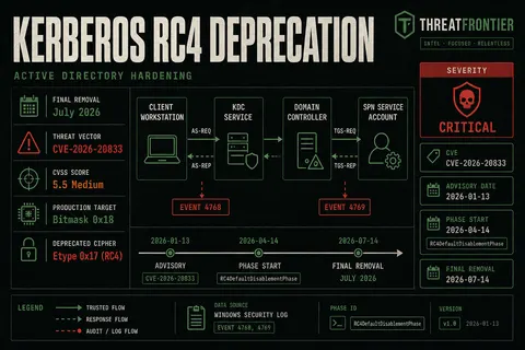 Infographic summarizing Active Directory Kerberos RC4 deprecation timeline, CVE-2026-20833 threat context, key bitmask values, and registry enforcement removal.