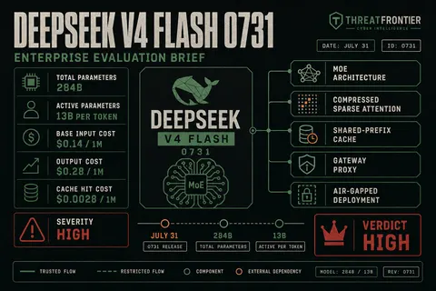 Executive infographic dossier detailing DeepSeek V4 Flash 0731 specs, cost metrics, and security deployment nodes.