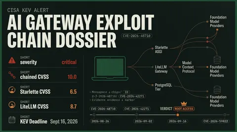 Threat dossier diagram mapping the Starlette and LiteLLM exploit chain, CVSS severity scores, CISA KEV compliance timeline, and compromised AI infrastructure nodes.