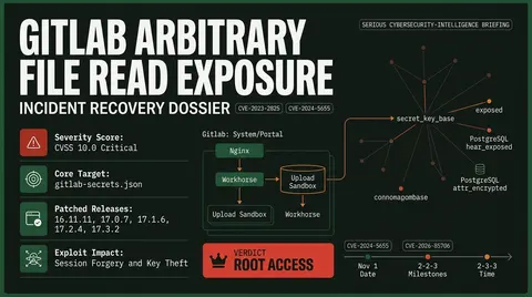 Cybersecurity dossier diagram illustrating the GitLab unauthenticated arbitrary file read vulnerability, detailing path traversal exploitation, key exfiltration from gitlab-secrets.json, and the impact of forged administrative session tokens.