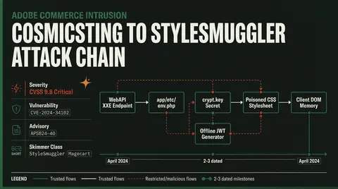 Architecture diagram illustrating the multi-stage attack flow from unauthenticated CosmicSting XXE file access through crypt.key exfiltration to StyleSmuggler CSS skimmer injection.