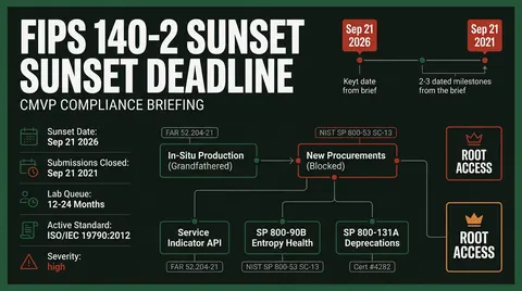 FIPS 140-2 sunset infographic detailing the September 21, 2026 transition to Historical status, procurement blocks, and FIPS 140-3 requirements.