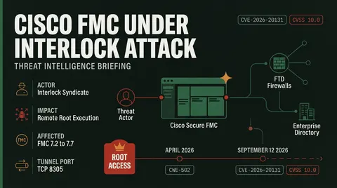 Threat dossier infographic summarizing CVE-2026-20131 exploitation in Cisco Secure FMC by Interlock ransomware, showing CVSS 10.0 severity, affected releases 7.2 through 7.7, and pivot risks.