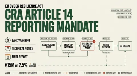 Architecture flow diagram of EU Cyber Resilience Act Article 14 showing PSIRT notifications routing through the ENISA Single Reporting Platform to national CSIRTs within 24-hour and 72-hour statutory deadlines.