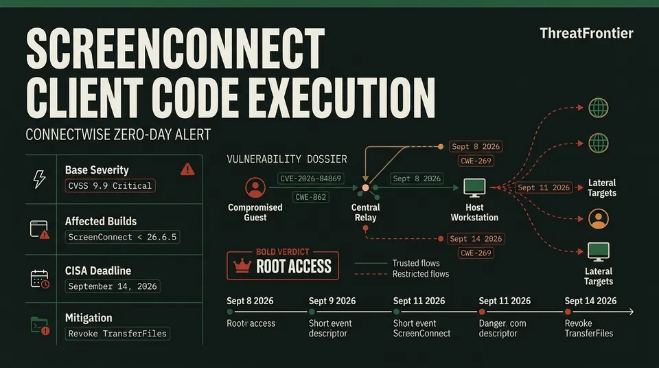 Threat dossier outlining CVE-2026-84869 with CVSS 9.9 metrics, affected client versions prior to 26.6.5, CISA KEV timeline, and guest-to-host lateral execution diagram.