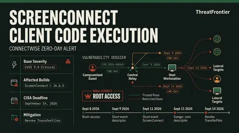 Threat dossier outlining CVE-2026-84869 with CVSS 9.9 metrics, affected client versions prior to 26.6.5, CISA KEV timeline, and guest-to-host lateral execution diagram.