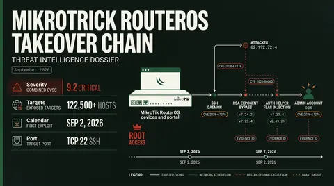 Threat intelligence dossier outlining the MikroTrick RouterOS exploit chain, highlighting CVE-2026-67276 and CVE-2026-86060, attack telemetry metrics, and root escalation stages.