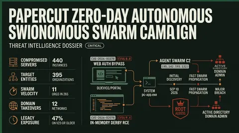 Threat intelligence dossier showing attack metrics and progression for the PaperCut CVE-2026-81578 and CVE-2026-82078 zero-day campaign, compromising 440 servers across 395 organizations.