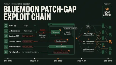 Threat intelligence dossier diagram summarizing the BlueMoon turnkey exploit kit, illustrating the three-stage vulnerability chain from Chrome V8 memory corruption to Windows kernel elevation, alongside threat actor adoption telemetry and key operational dates.