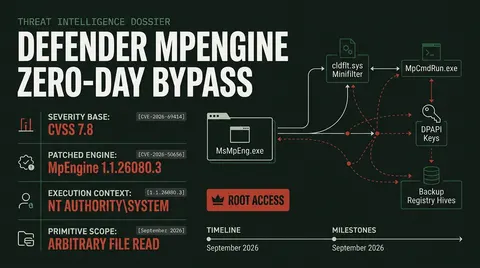 Threat dossier chart detailing Microsoft Defender's ShieldCrash arbitrary file read flaw, outlining the vulnerability progression across CVE-2026-50656 and CVE-2026-69414, affected Cloud Files components, and operational boundaries.